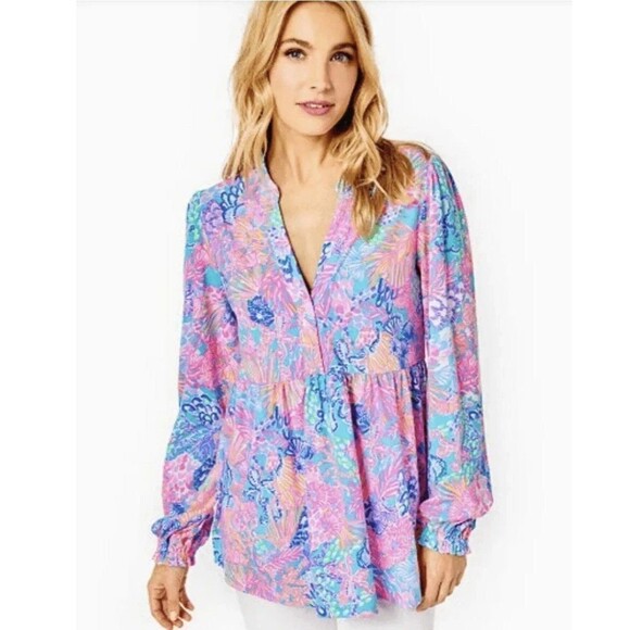 Lilly Pulitzer Tops - Lilly Pulitzer Winona Knit Tunic Top Printed Long Sleeve Cotton Swingy S 279250